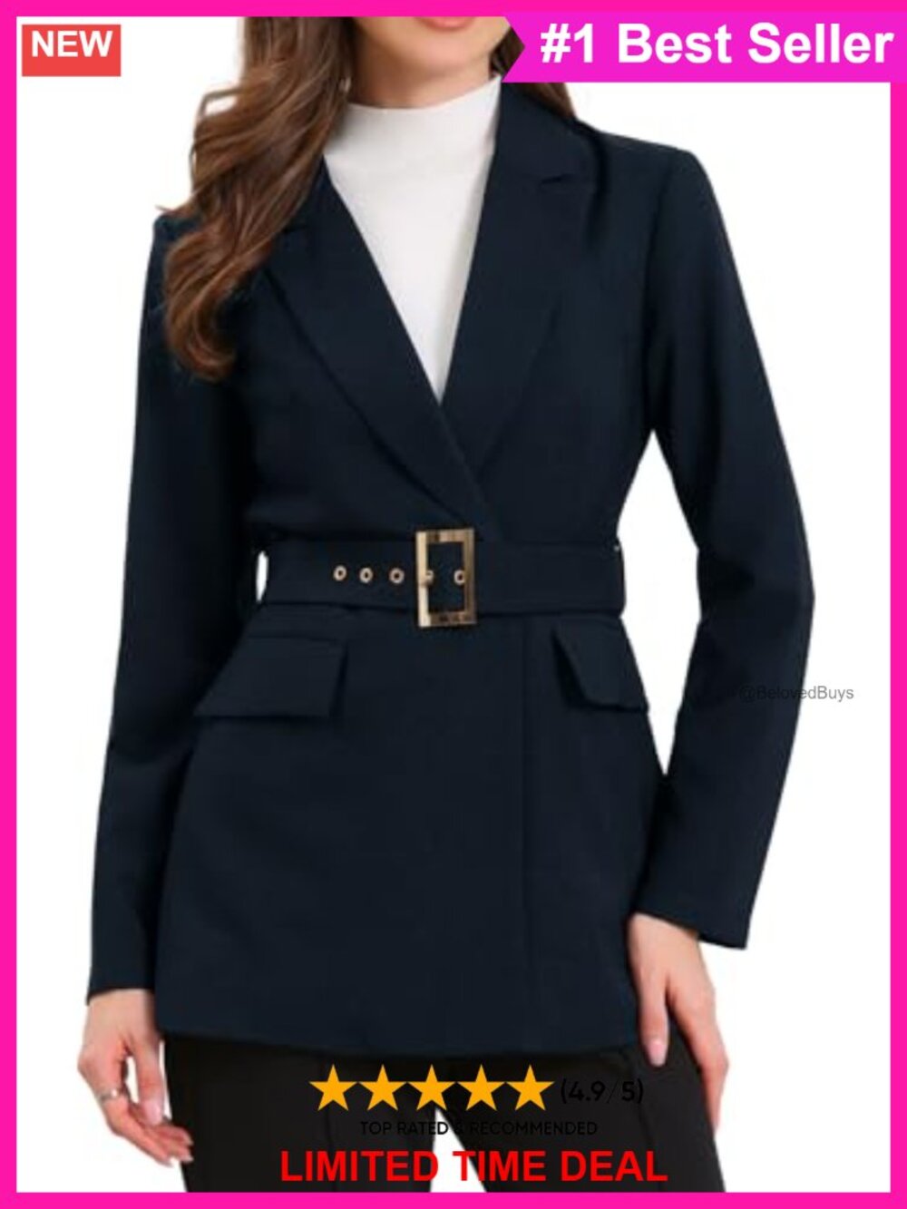 Women's Long Sleeve Double Breasted Belted Blazer Suit Jacket for Business